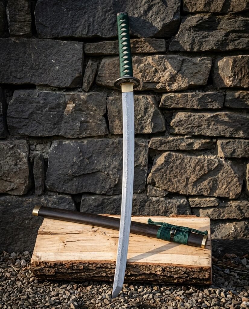 Hand forged damascus katana with green silk ito wrap, brass tsuba and hardwood saya leaning against a dry stone wall above a split oak log