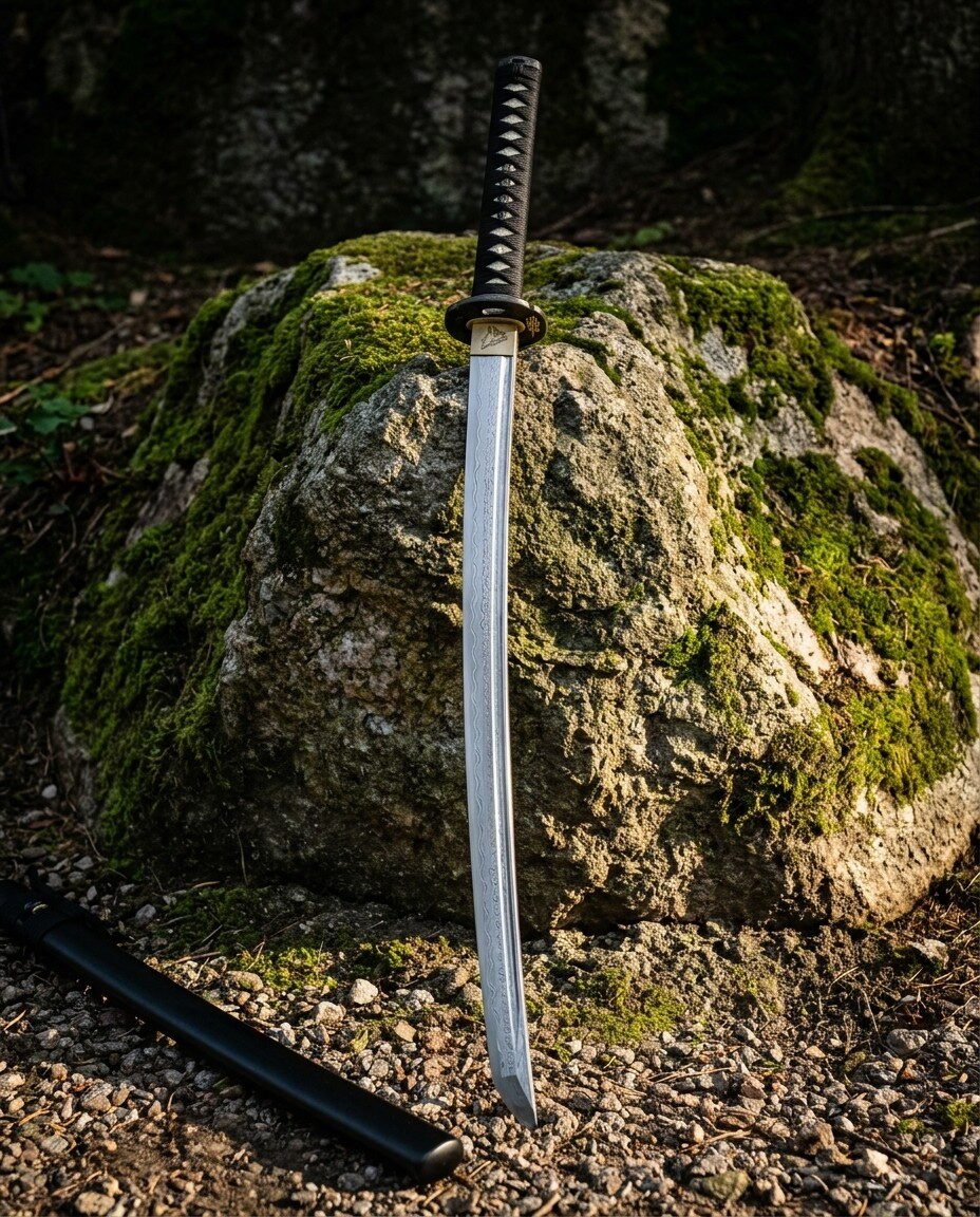 Hand forged Damascus katana with a pattern welded curved blade, black ito wrapped tsuka and round tsuba, standing agains Hand forged Damascus katana with a pattern welded curved blade, black ito wrapped tsuka and round tsuba, standing against a mossy boulder beside its black lacquered saya.