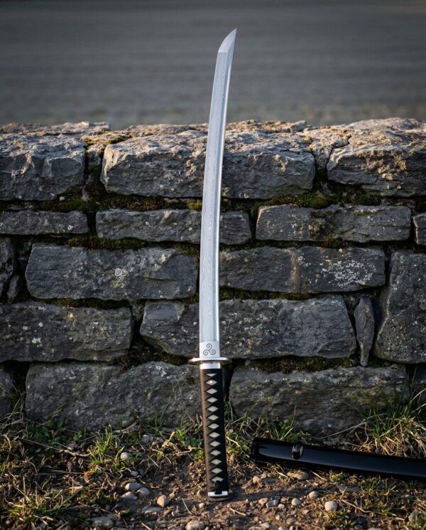 Hand forged damascus katana with a triskelion engraved above a brass habaki and a black cord wrapped tsuka standing against a dry stone wall beside its black saya
