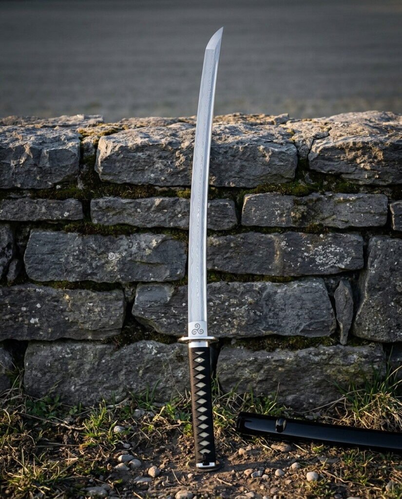 Hand forged damascus katana with a triskelion engraved above a brass habaki and a black cord wrapped tsuka standing against a dry stone wall beside its black saya