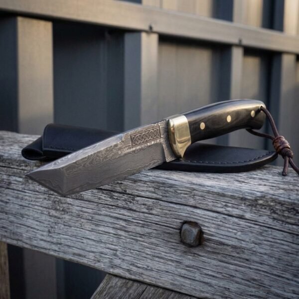 Hand forged Damascus knife with black scales and brass bolster resting on a weathered fence rail over its black sheath