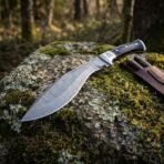 Hand forged Damascus kukri knife with black horn handle, blade curving down across a lichen covered rock with the sheath beside it