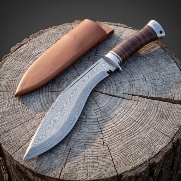 Hand forged damascus kukri with a stacked leather handle and rune cut steel pommel cap lying on a weathered tree stump beside a tan leather sheath