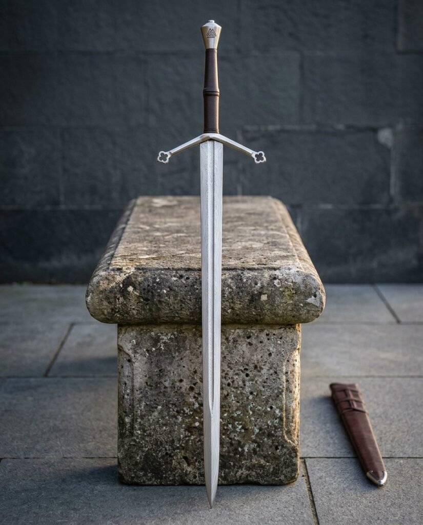 Hand forged damascus longsword with a leather wrapped grip and quatrefoil cross guard standing point down beside a cross laced leather scabbard on grey stone