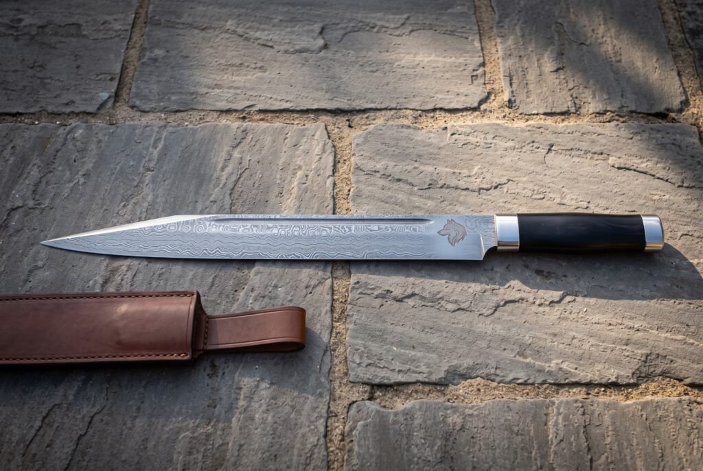 Hand forged Damascus seax knife with a wolf head etch and dark buffalo horn handle lying on stone flagstones beside a brown leather belt sheath in warm light
