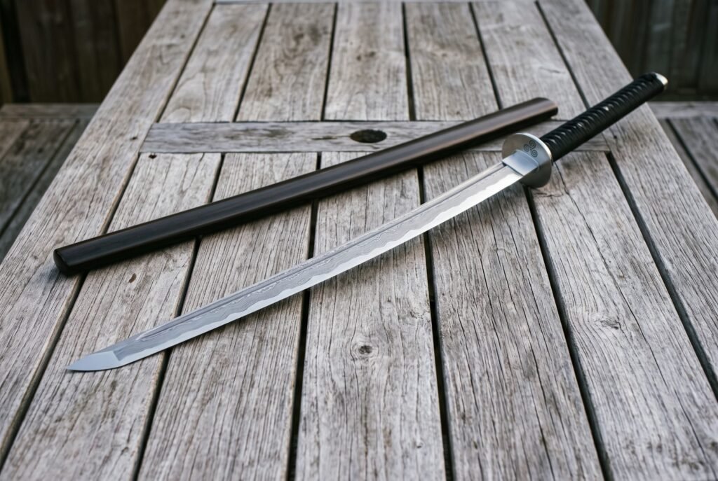 Hand forged Damascus steel black saya katana with a cord wrapped handle and round steel tsuba resting beside its dark stained wooden scabbard on weathered grey decking