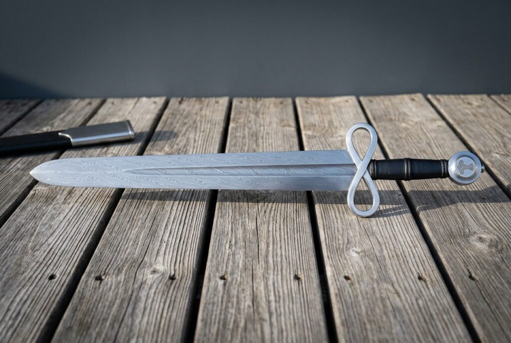 Hand forged damascus sword with an infinity loop guard, Mjolnir engraved pommel and black leather grip, laid on weathered grey decking beside a steel scabbard throat.
