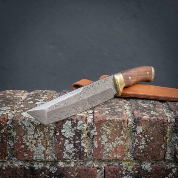 Hand forged Damascus tanto knife with walnut scales and brass bolster resting on a lichen covered brick wall with tan sheath