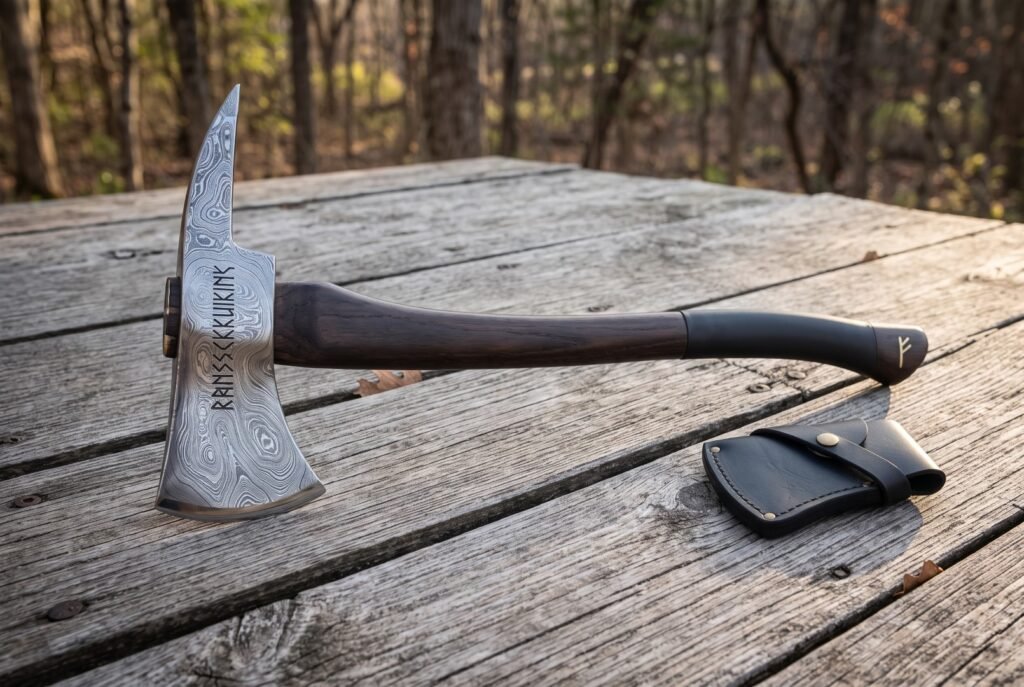 Hand forged Damascus tomahawk with a bearded head, upswept horn and Elder Futhark runes on a dark walnut haft resting on a weathered picnic table in woodland