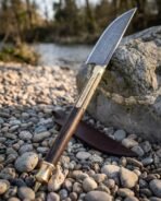 Hand forged Damascus Viking bowie knife with rosewood handle, close view of the brass fittings leaning on a boulder by a river