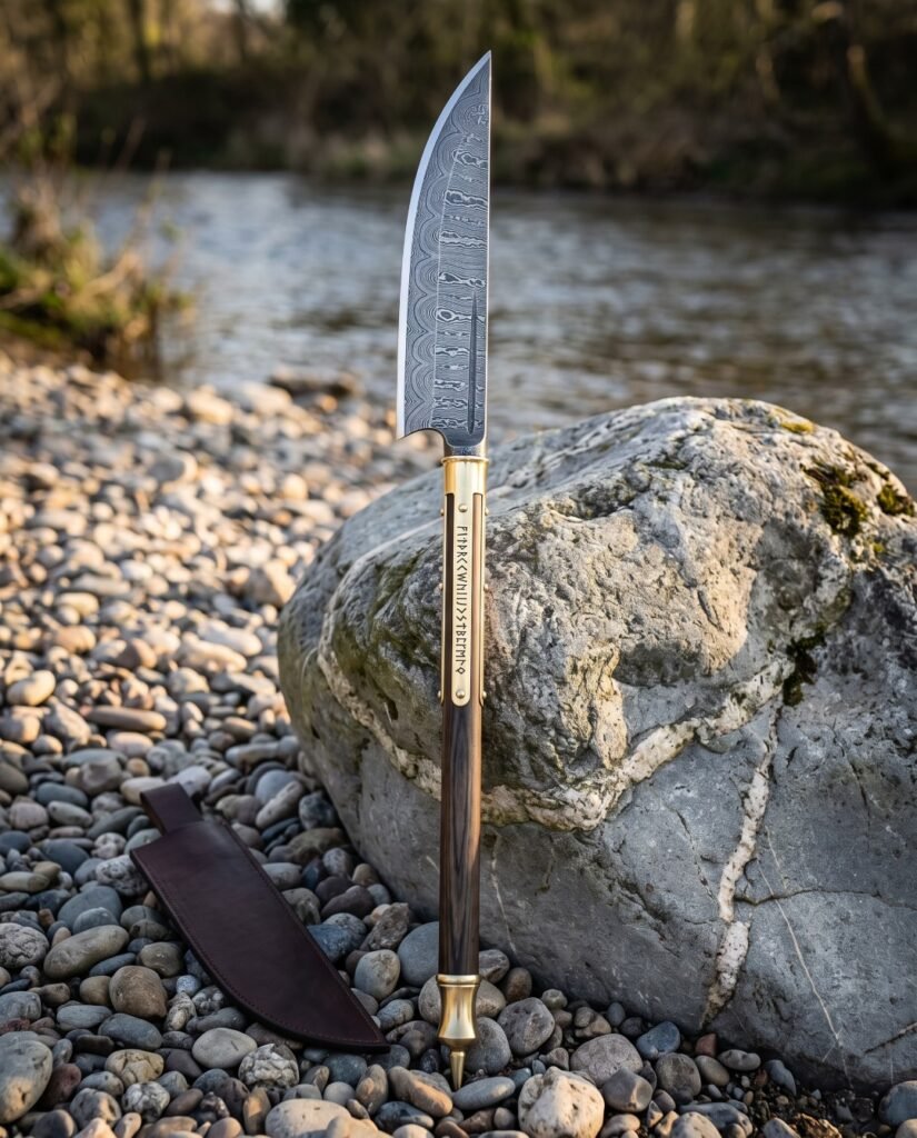 Hand forged damascus viking bowie knife with a rosewood handle and rune cut brass bolster standing point down on river pebbles beside its brown leather sheath