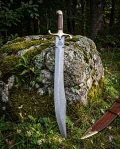 Hand forged damascus viking seax with a broken back blade, etched Valknut, rosewood grip and brass guard standing against a mossy boulder beside its tooled brown leather sheath