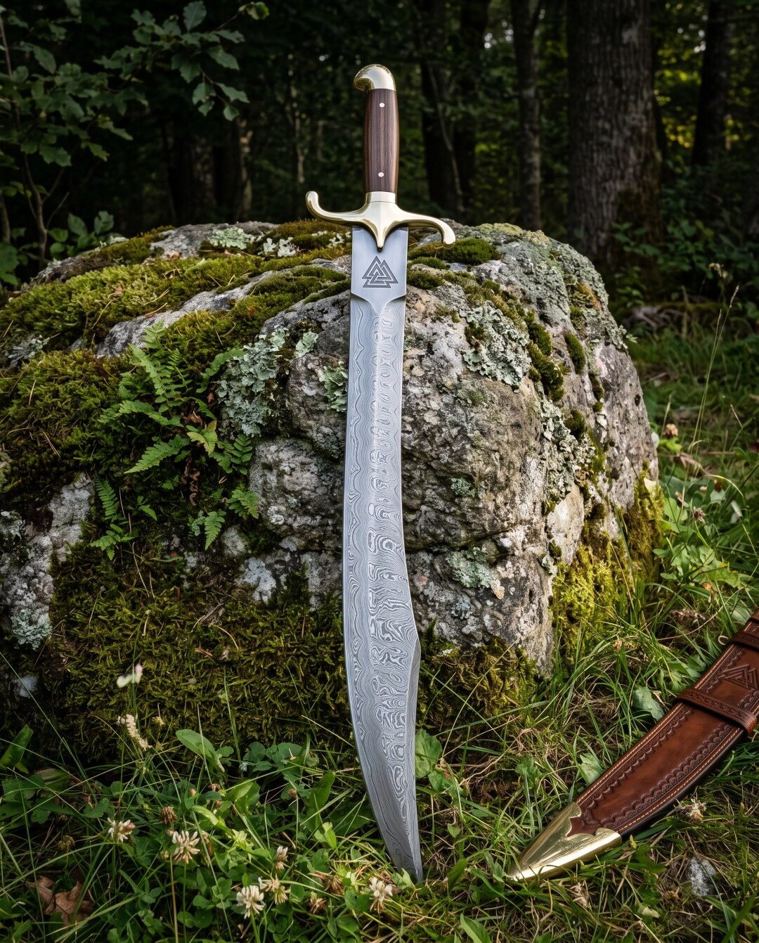 Hand forged damascus viking seax with a broken back blade, etched Valknut, rosewood grip and brass guard standing agains Hand forged damascus viking seax with a broken back blade, etched Valknut, rosewood grip and brass guard standing against a mossy boulder beside its tooled brown leather sheath