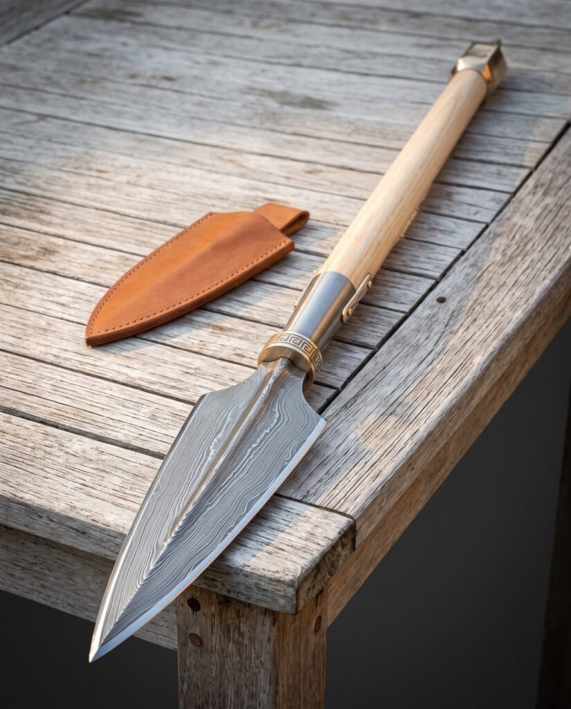 Hand forged damascus viking spear with a broad leaf blade, brass collar and riveted steel socket on an ash shaft, lying on a weathered table beside its leather blade cover