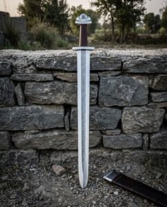 Hand forged damascus viking sword with a serpentine pattern welded core and Valknut inlaid lobed pommel standing point down against a dry stone wall at dusk