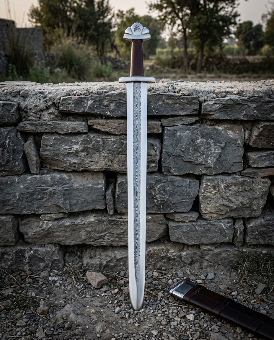 Hand forged damascus viking sword with a serpentine pattern welded core and Valknut inlaid lobed pommel standing point d Hand forged damascus viking sword with a serpentine pattern welded core and Valknut inlaid lobed pommel standing point down against a dry stone wall at dusk