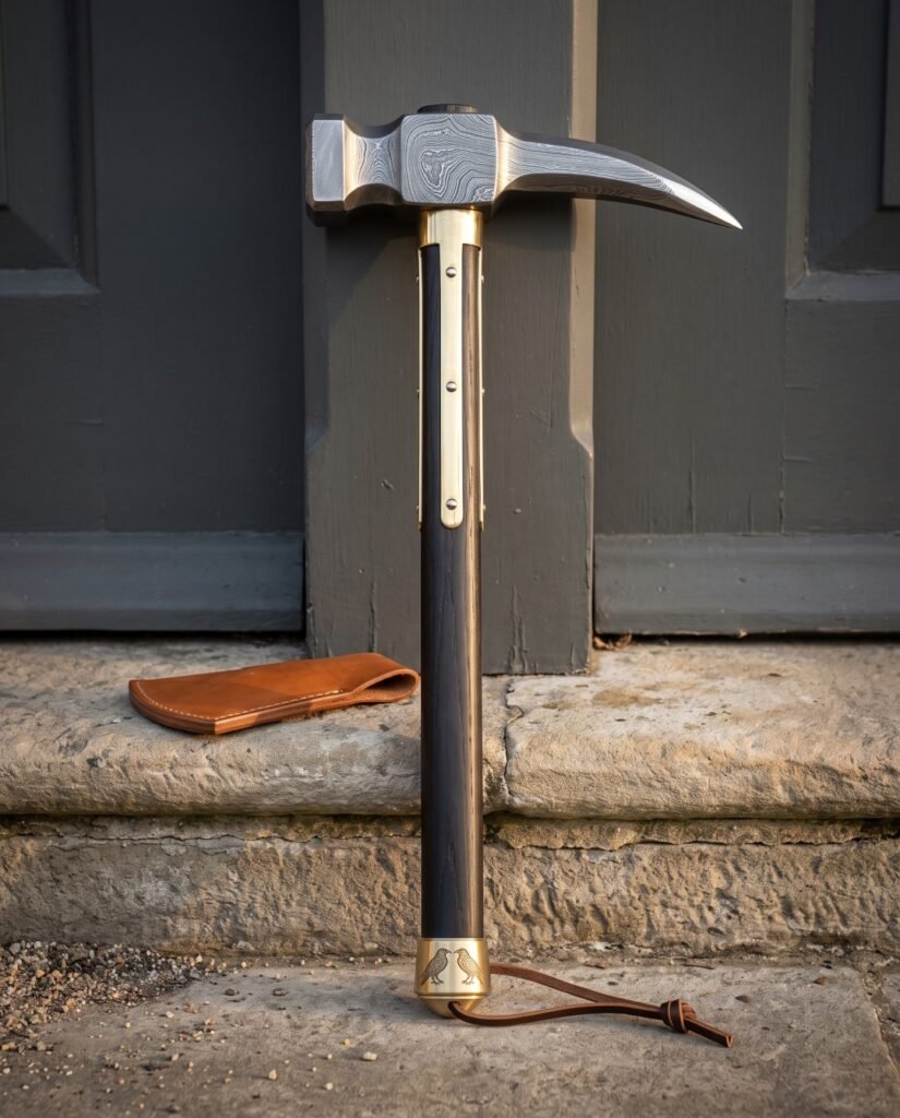 Hand forged damascus war hammer with flat face and curved crow beak pick, brass langets and dark hardwood haft standing on a stone step against a grey door