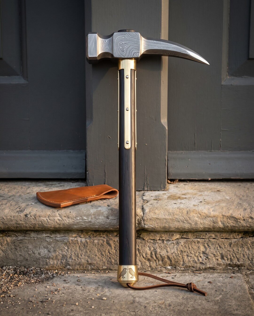 Hand forged damascus war hammer with flat face and curved crow beak pick, brass langets and dark hardwood haft standing Hand forged damascus war hammer with flat face and curved crow beak pick, brass langets and dark hardwood haft standing on a stone step against a grey door