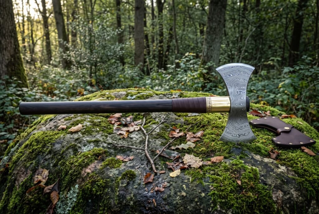 Hand forged double bit axe in 1095 steel with an etched knotwork head, brass collar and long dark hardwood haft, resting on a mossy boulder in woodland
