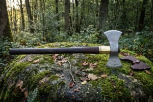 Hand forged double bit axe in 1095 steel with an etched knotwork head, brass collar and long dark hardwood haft, resting on a mossy boulder in woodland