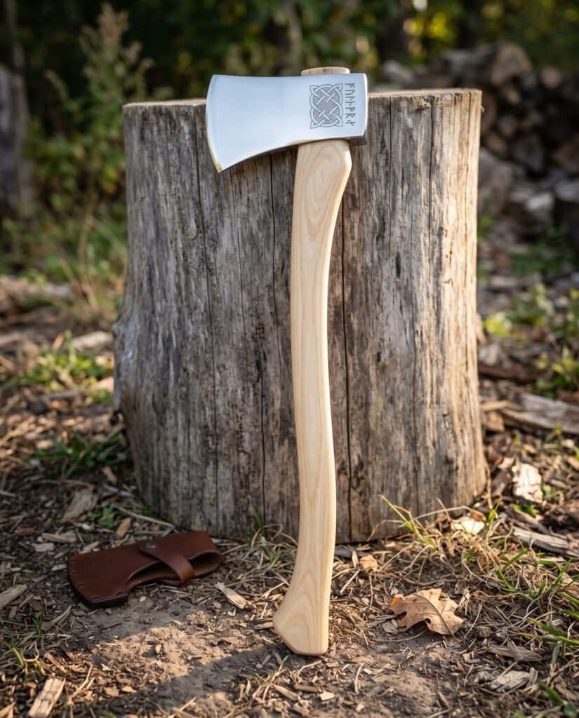 Hand forged felling axe with a polished 1095 steel head, knotwork and rune engraving and a natural ash handle leaning against a cut stump in woodland