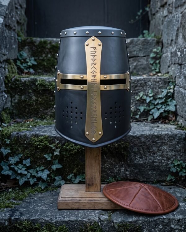Hand forged great helm in blackened 16 gauge steel with a brass cross reinforce stamped with runes, vision slits and drilled breaths, on a wooden stand by ivy steps