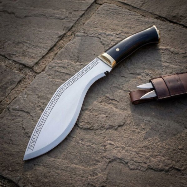 Hand forged high carbon steel kukri knife with black horn handle and brass bolster, rune etched blade on flagstones beside its sheath