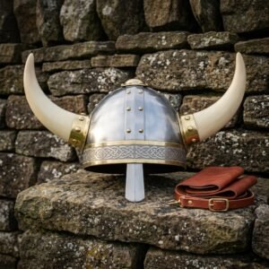 Hand forged horned Viking helmet with a riveted steel dome, brass rivets and trim, engraved knotwork browband, nasal bar and pale horns, on a dry stone wall.