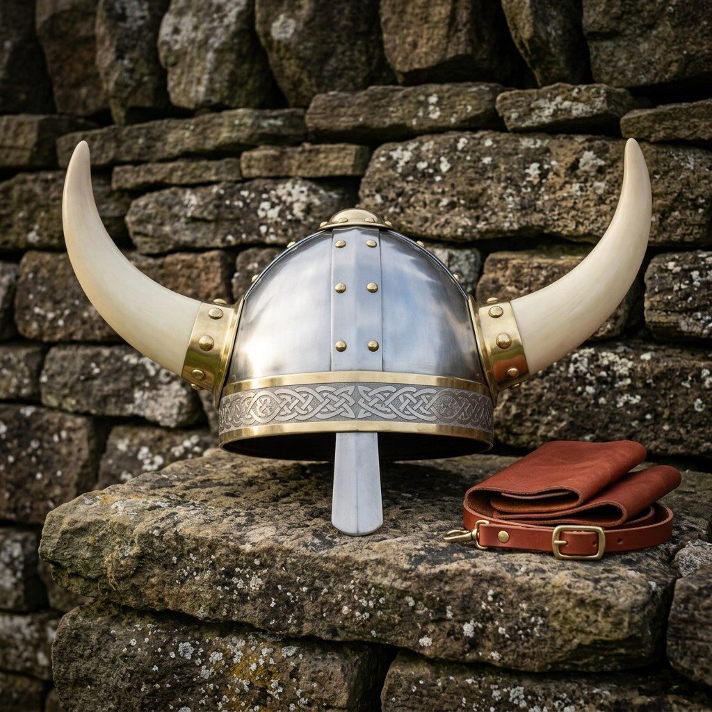 Hand forged horned Viking helmet with a riveted steel dome, brass rivets and trim, engraved knotwork browband, nasal bar Hand forged horned Viking helmet with a riveted steel dome, brass rivets and trim, engraved knotwork browband, nasal bar and pale horns, on a dry stone wall.