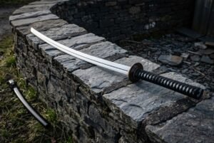 Hand forged katana sword with a mirror polished 1095 blade, bo hi groove, round iron tsuba and black cord wrapped handle on a dry stone wall beside its saya