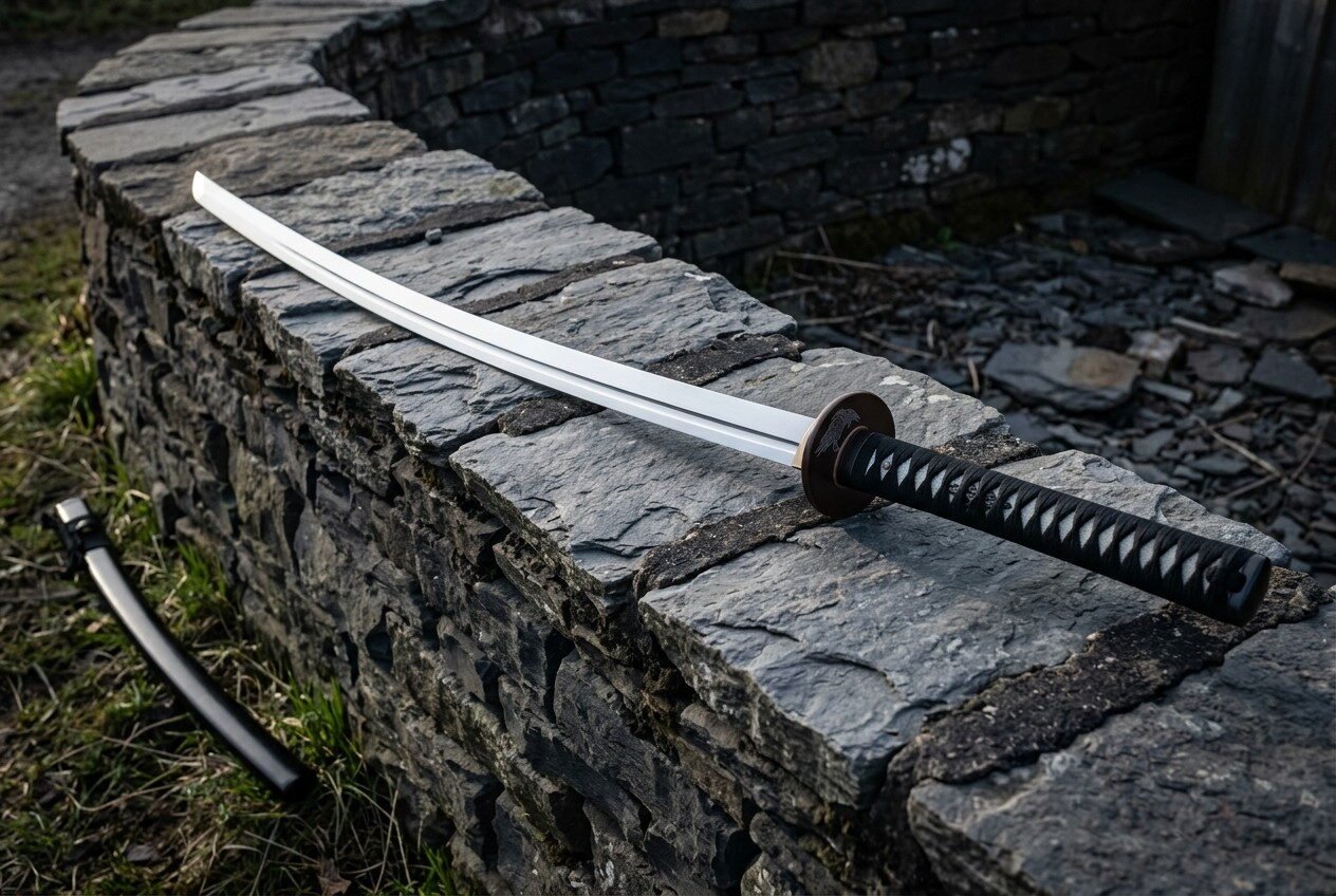 Hand forged katana sword with a mirror polished 1095 blade, bo hi groove, round iron tsuba and black cord wrapped handle Hand forged katana sword with a mirror polished 1095 blade, bo hi groove, round iron tsuba and black cord wrapped handle on a dry stone wall beside its saya