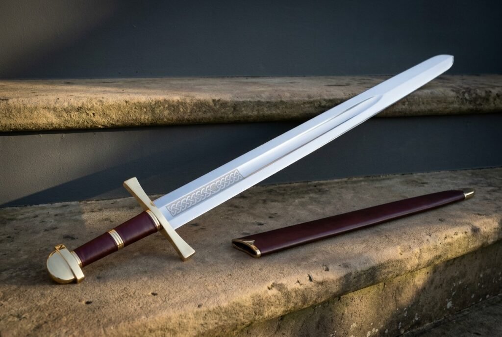 Hand forged knightly sword with a polished fullered blade, engraved knotwork panel, brass crossguard and pommel and oxblood leather grip, resting on a stone step beside its burgundy scabbard.