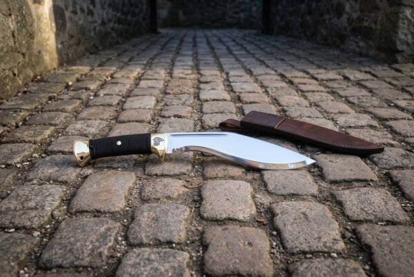 Hand forged kukri sword lying on cobblestones, mirror polished deep bellied blade, black cord wrapped grip and a raven engraved brass bolster with leather sheath