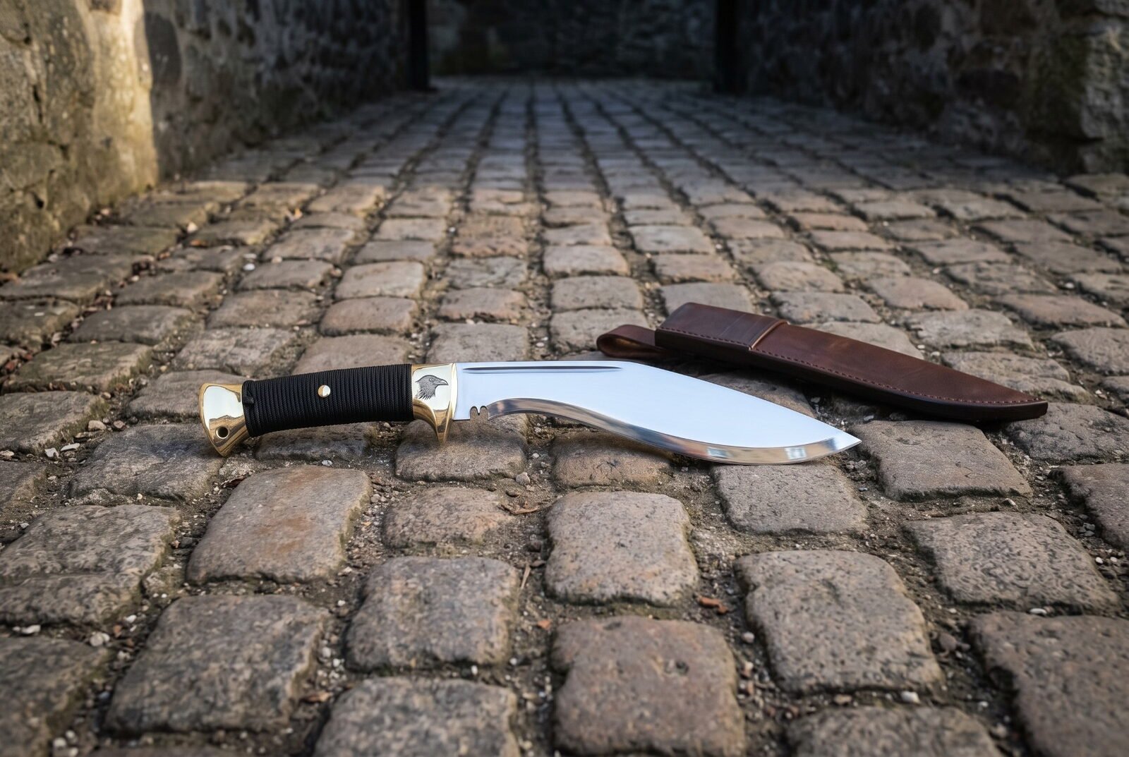 Hand forged kukri sword lying on cobblestones, mirror polished deep bellied blade, black cord wrapped grip and a raven e Hand forged kukri sword lying on cobblestones, mirror polished deep bellied blade, black cord wrapped grip and a raven engraved brass bolster with leather sheath