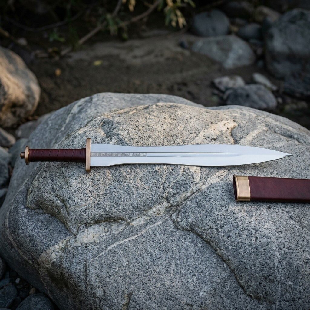 Hand forged leaf blade sword with a bronze guard and pommel, burgundy leather grip and an etched meander band, resting on a granite boulder beside its oxblood scabbard.