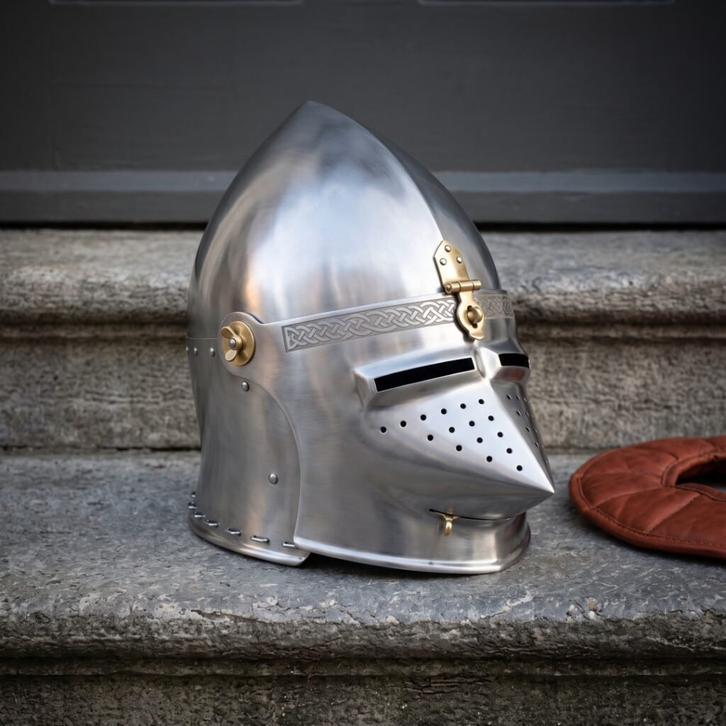 Hand forged medieval helmet in the pig faced bascinet pattern, satin 18 gauge steel with a hinged hounskull visor and brass mounts, on grey stone steps