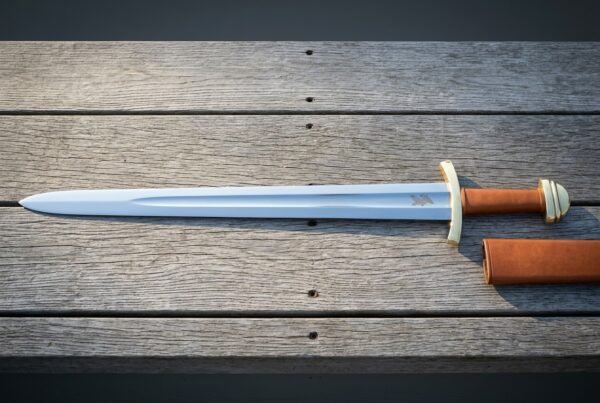 Hand forged norse sword with a broad fullered blade etched with twin ravens, brass brazil nut pommel and tan leather grip, laid on weathered grey decking with its scabbard.