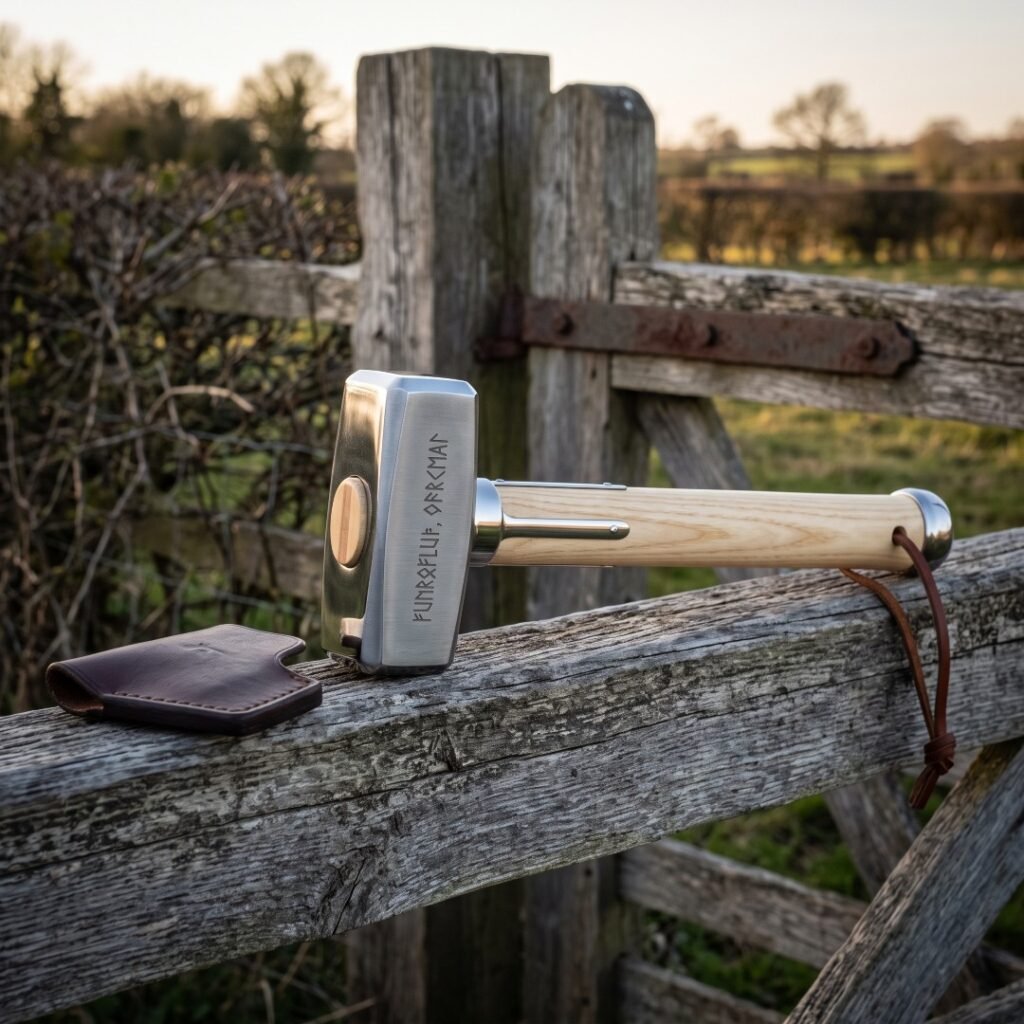 Hand forged norse war hammer with polished steel head cut with Elder Futhark runes and a pale ash haft, resting on a weathered farm gate with a leather head cover