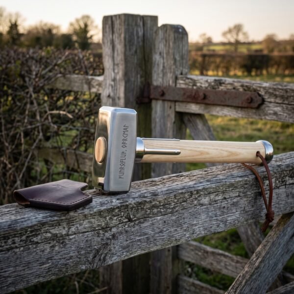 Hand forged norse war hammer with polished steel head cut with Elder Futhark runes and a pale ash haft, resting on a weathered farm gate with a leather head cover