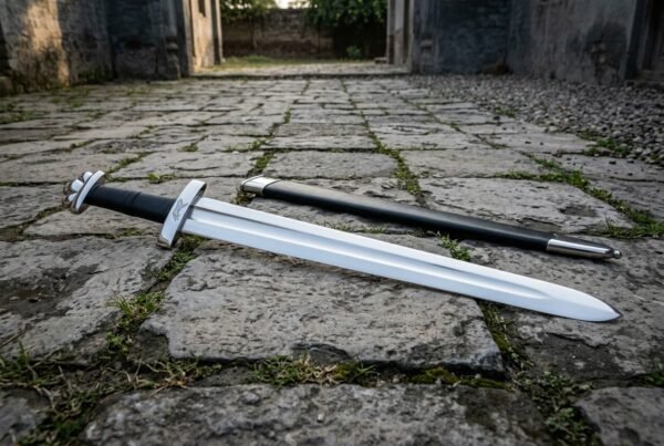 Hand forged norse warrior sword with a broad fullered polished blade, black leather grip and lobed steel pommel lying on a cobbled street beside its black scabbard