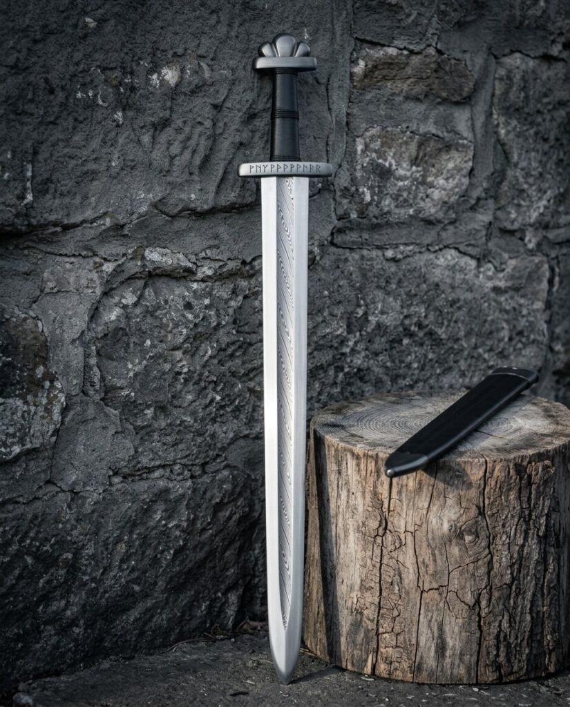 Hand forged pattern welded viking sword with a trilobate pommel and rune cut guard standing point down against a dark stone wall beside its black scabbard