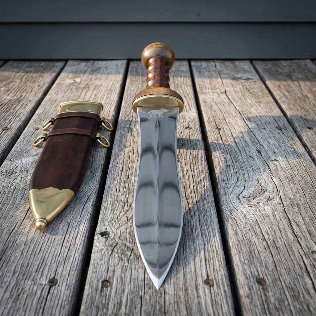 Hand forged roman pugio dagger with twin fullered waisted blade, brass guard and ribbed hardwood grip on grey decking beside a brass mounted leather sheath