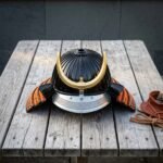 Nightcrest Hand Forged Steel Kabuto Samurai Helmet | Ribbed Black Lacquer Bowl | Brass Crescent Crest and Orange Laced Neck Guard | Display Gift | RK-1512