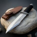 Hand forged sawback Bowie knife with etched panel and cord wrapped grip on a pale stone beside a brown leather sheath