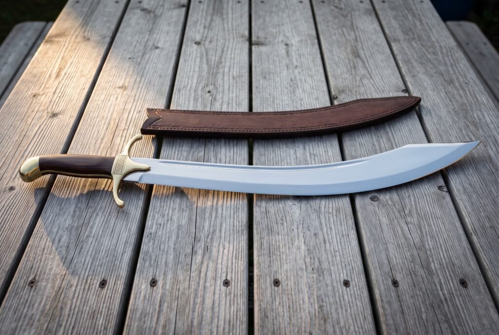Hand forged scimitar sword with a bright polished deep curved 1095 blade, brass cross guard and dark rosewood grip lying on weathered decking boards beside its brown leather scabbard