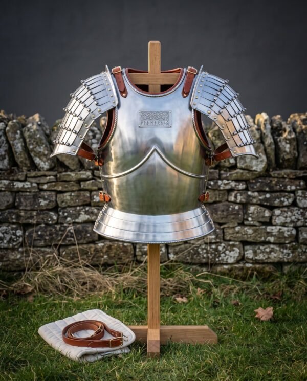 Hand forged steel cuirass in bright 18 gauge mild steel with articulated pauldrons, roped edges, hooped fauld and russet leather straps on a stand before a dry stone wall