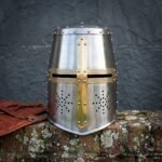 Cruxward Hand Forged Steel Great Helm | 16 Gauge Crusader Helmet | Brass Cross Reinforce, Etched Knotwork Sights and Domed Rivets | Medieval Gift | RK-1472