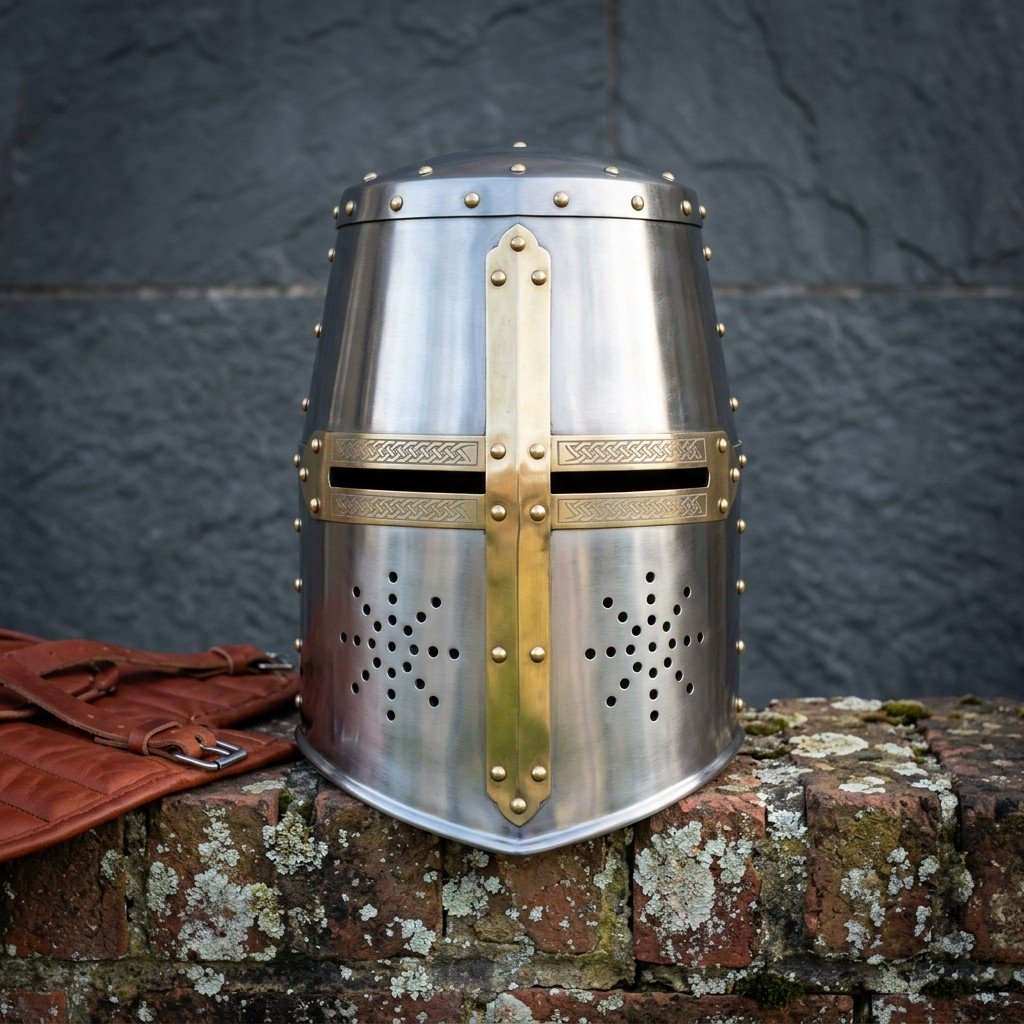 Hand forged steel great helm in bright 16 gauge mild steel with a brass cross reinforce, brass rivets and etched knotwor Hand forged steel great helm in bright 16 gauge mild steel with a brass cross reinforce, brass rivets and etched knotwork sight slits standing on a lichen covered brick wall