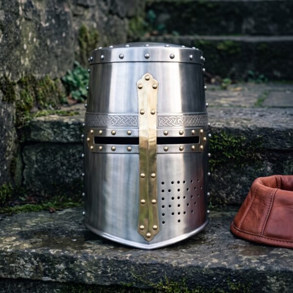 Hand forged steel great helm with a brass cross reinforce, riveted flat top, engraved knotwork band, eye slits and breath holes on mossy stone steps.