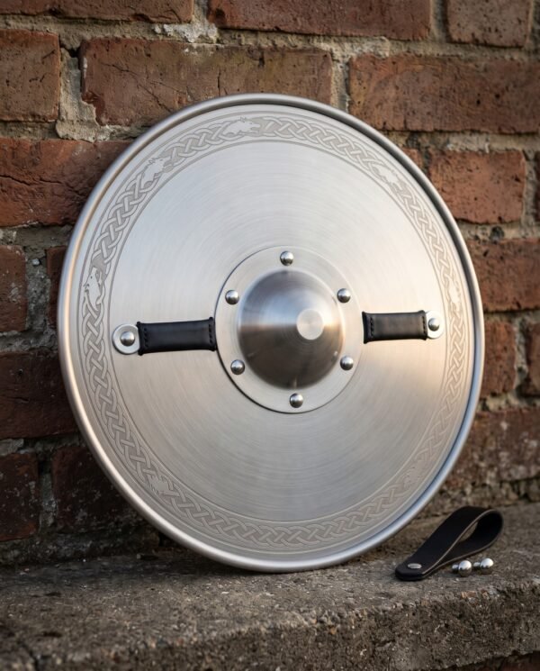 Hand forged steel round shield with a dished polished face, etched knotwork border, riveted dome boss and black leather grip, resting against a brick wall.